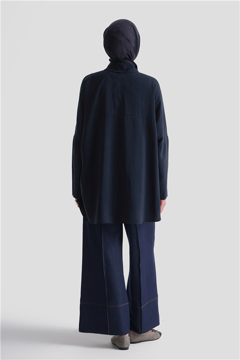 Kolları Düğmeli Rayon Tunik Lacivert 