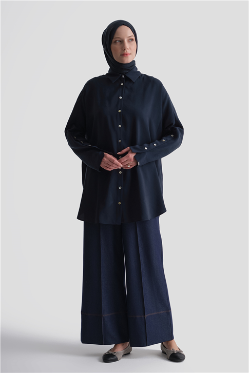 Kolları Düğmeli Rayon Tunik Lacivert 