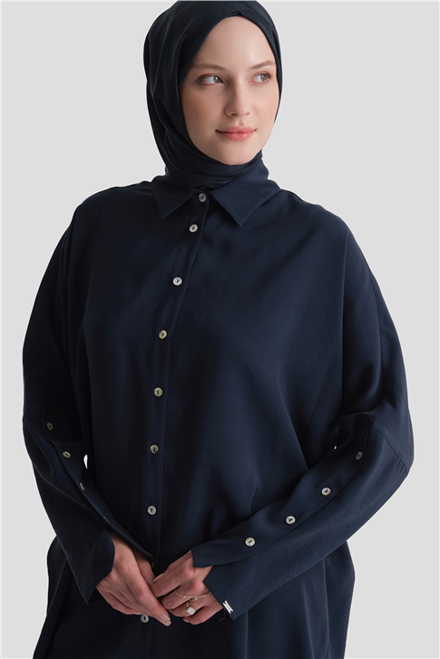 Kolları Düğmeli Rayon Tunik Lacivert 
