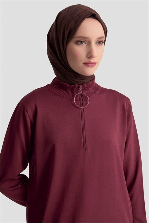 Fermuar Detaylı Triko Tunik Bordo 