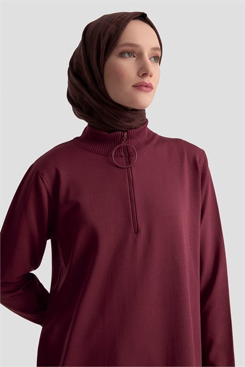 Fermuar Detaylı Triko Tunik Bordo 