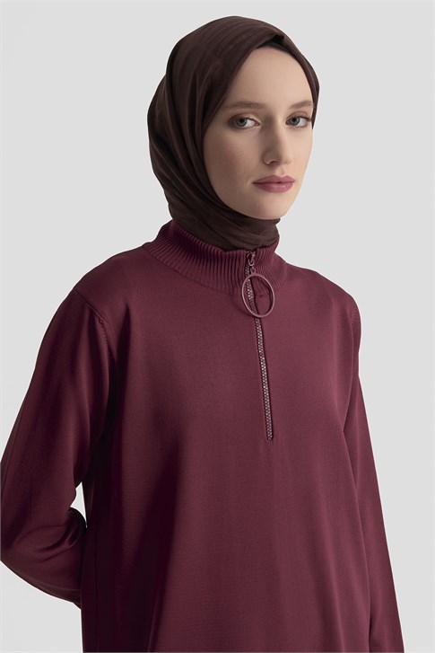 Fermuar Detaylı Triko Tunik Bordo 