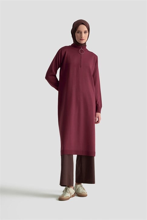 Fermuar Detaylı Triko Tunik Bordo 