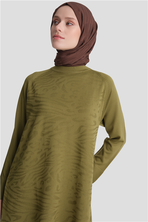 Zebra Desenli Triko Tunik Yağ Yeşili 