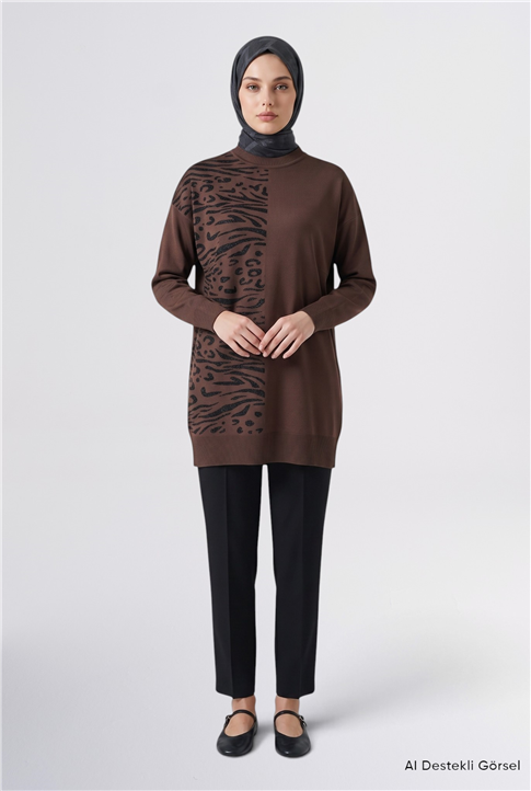Leopar Desenli Triko Tunik Acı Kahve 