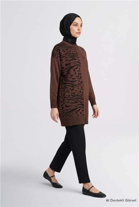 Leopar Desenli Triko Tunik Acı Kahve 