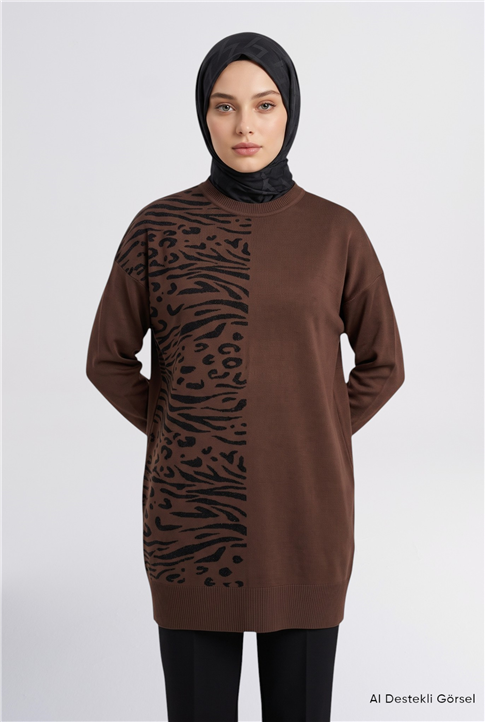 Leopar Desenli Triko Tunik Acı Kahve 