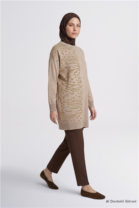 Leopar Desenli Triko Tunik Bej 