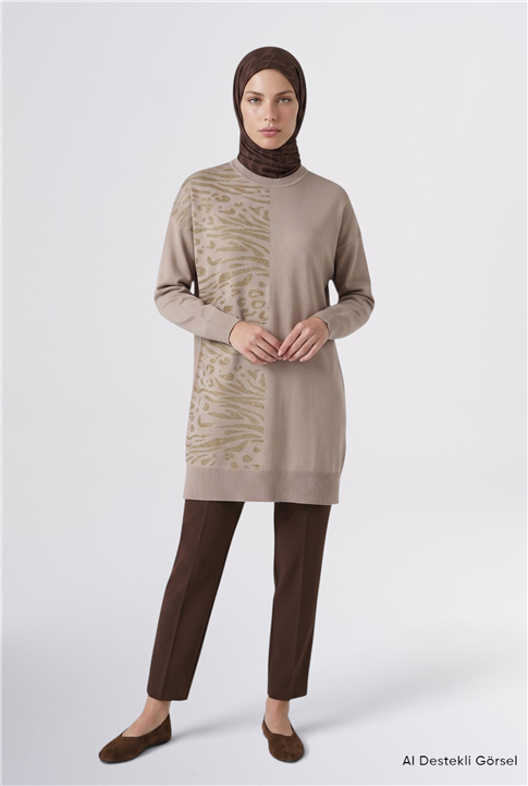 Leopar Desenli Triko Tunik Bej 