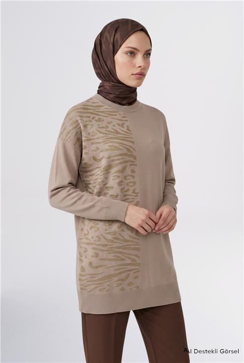 Leopar Desenli Triko Tunik Bej 