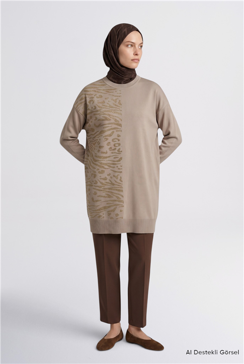 Leopar Desenli Triko Tunik Bej 