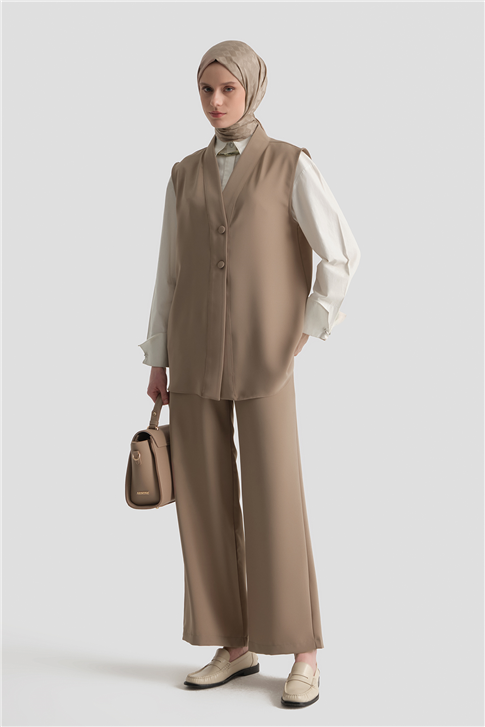 Düğmeli Oversize Yelek Vizon