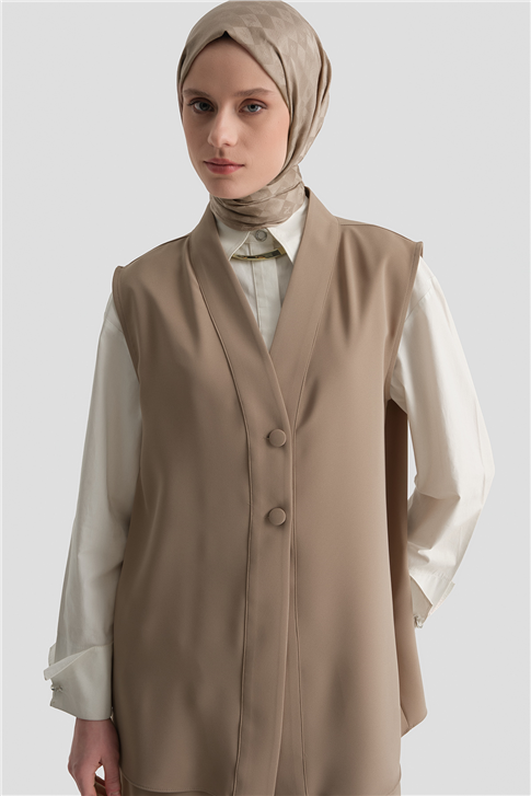 Düğmeli Oversize Yelek Vizon