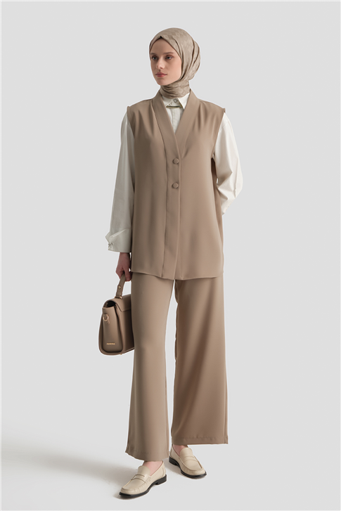 Düğmeli Oversize Yelek Vizon