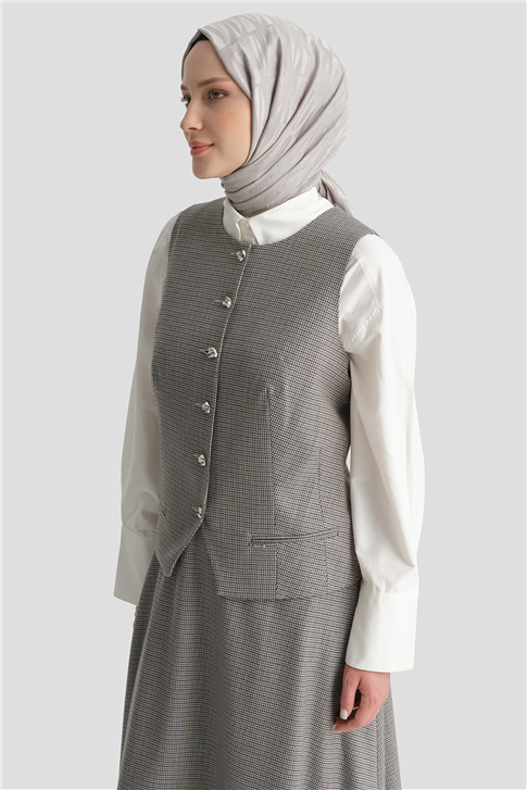 Pullu Ekose Desen Fitted Yelek Gri