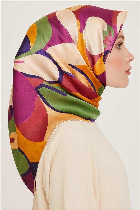 Armine Çiçek Desenli Twill Saf İpek Eşarp 9200D 07