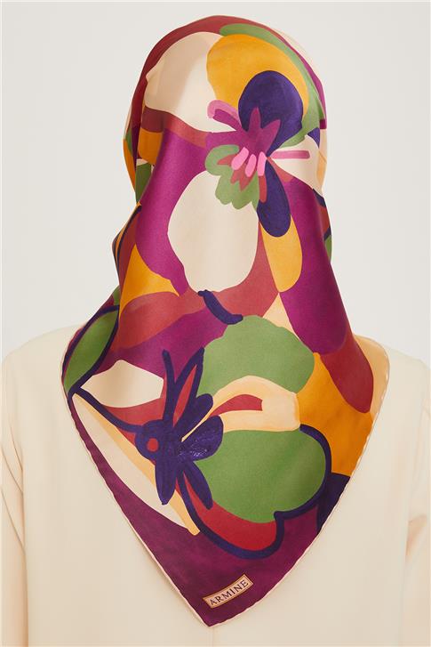 Armine Çiçek Desenli Twill Saf İpek Eşarp 9200D 07
