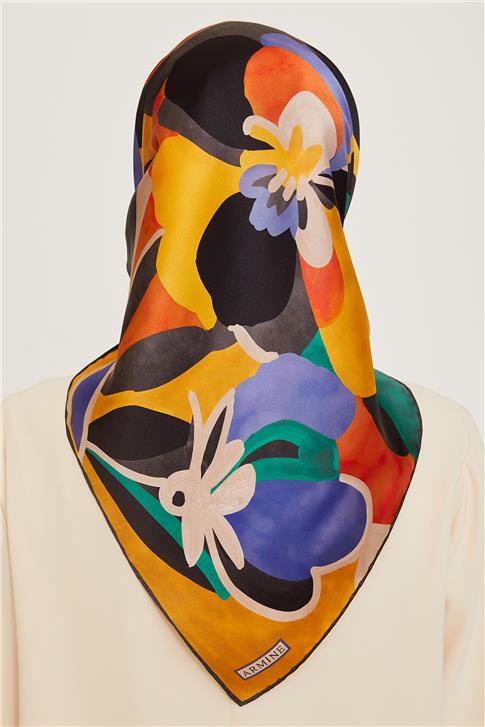 Armine Çiçek Desenli Twill Saf İpek Eşarp 9200D 84
