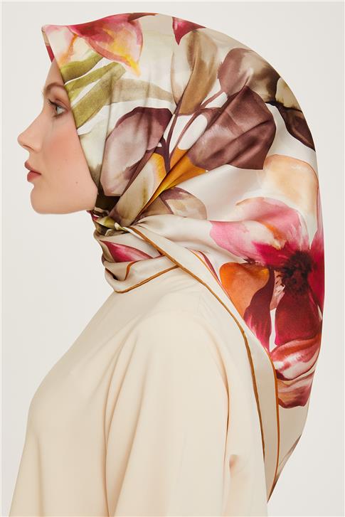 Armine Çiçek Desenli Twill Saf İpek Eşarp 9205D 03