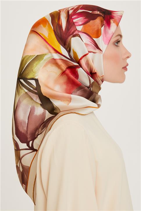 Armine Çiçek Desenli Twill Saf İpek Eşarp 9205D 03