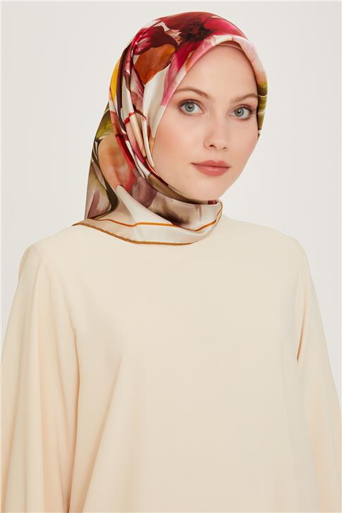 Armine Çiçek Desenli Twill Saf İpek Eşarp 9205D 03