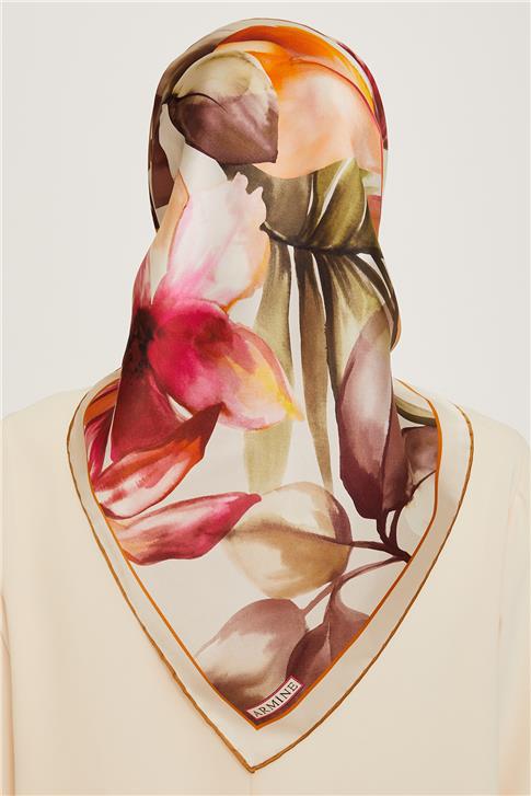 Armine Çiçek Desenli Twill Saf İpek Eşarp 9205D 03