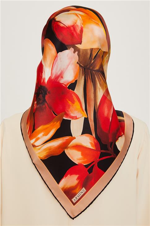 Armine Çiçek Desenli Twill Saf İpek Eşarp 9205D 06