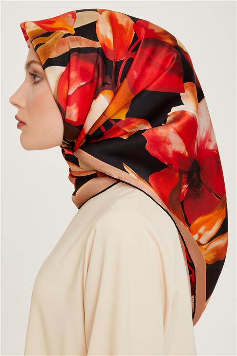 Armine Çiçek Desenli Twill Saf İpek Eşarp 9205D 06