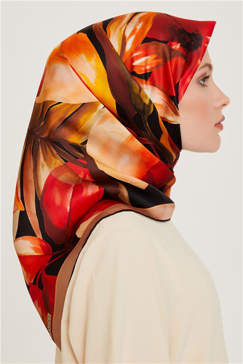 Armine Çiçek Desenli Twill Saf İpek Eşarp 9205D 06