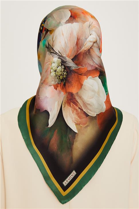 Armine Çiçek Desenli Twill Saf İpek Eşarp 9211D 82