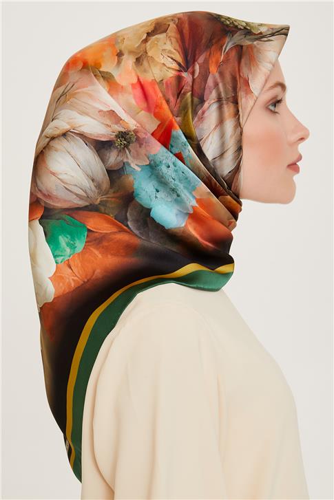 Armine Çiçek Desenli Twill Saf İpek Eşarp 9211D 82