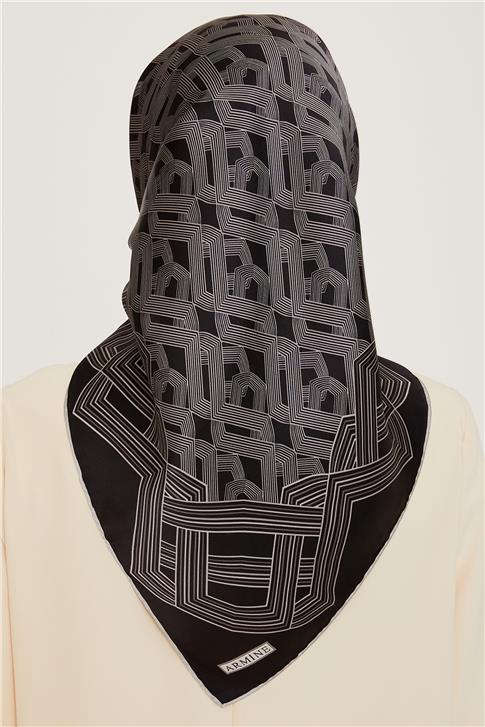 Armine Klasik Desenli Twill Saf İpek Eşarp 9213D 03