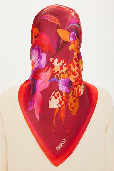Armine Çiçek Desenli Twill Saf İpek Eşarp 9215D 34 01