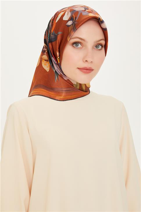 Armine Çiçek Desenli Twill Saf İpek Eşarp 9215D 34 03