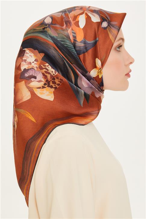 Armine Çiçek Desenli Twill Saf İpek Eşarp 9215D 34 03