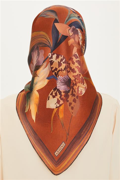 Armine Çiçek Desenli Twill Saf İpek Eşarp 9215D 34 03