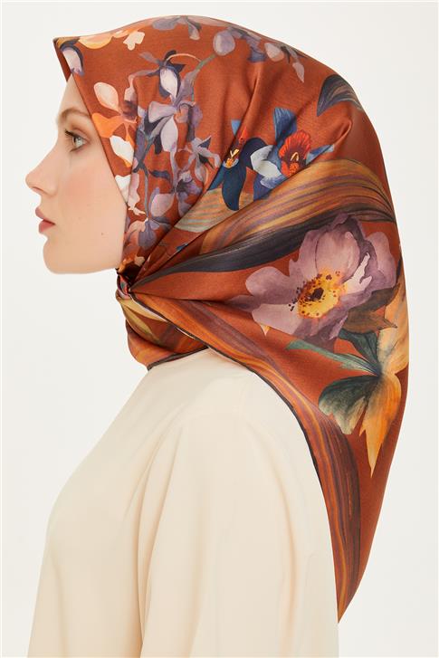 Armine Çiçek Desenli Twill Saf İpek Eşarp 9215D 34 03