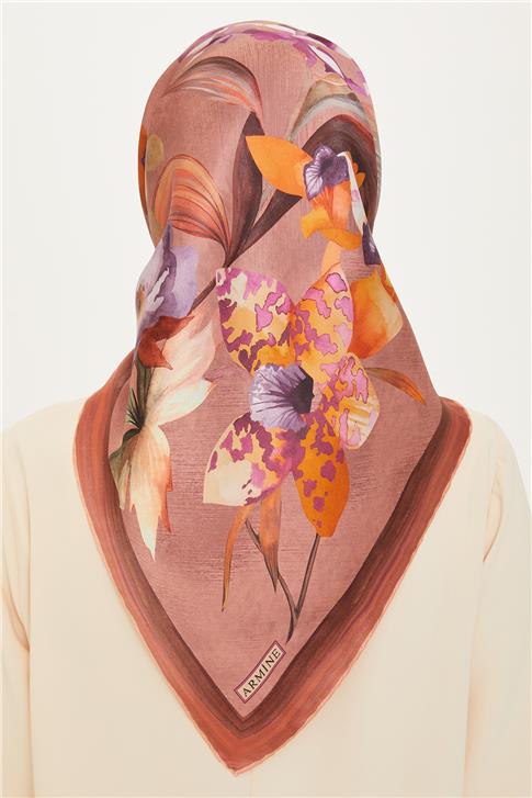 Armine Çiçek Desenli Twill Saf İpek Eşarp 9215D 34 33