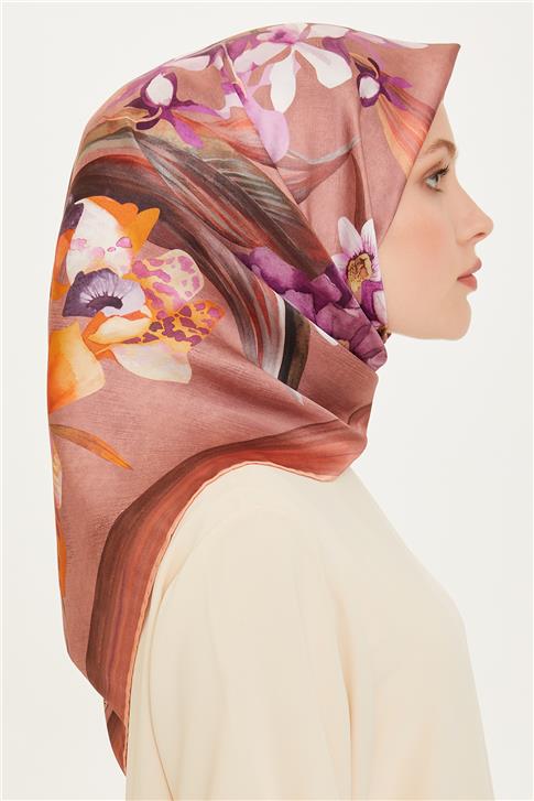 Armine Çiçek Desenli Twill Saf İpek Eşarp 9215D 34 33