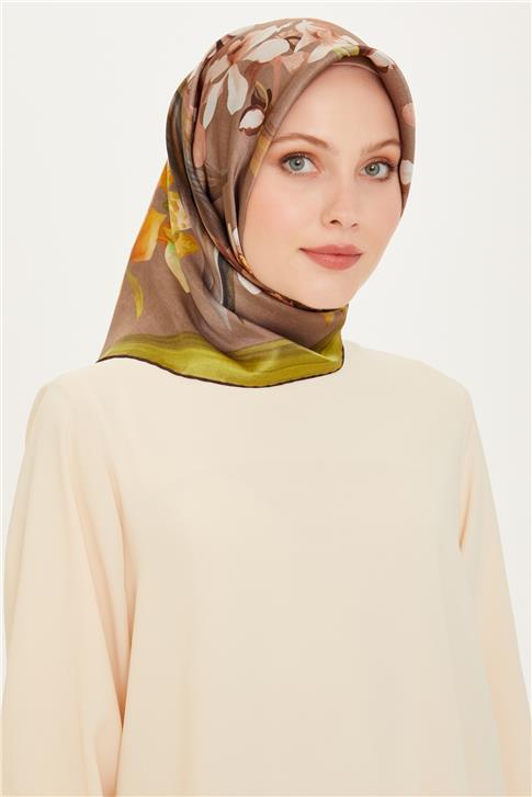 Armine Çiçek Desenli Twill Saf İpek Eşarp 9215D 34 34
