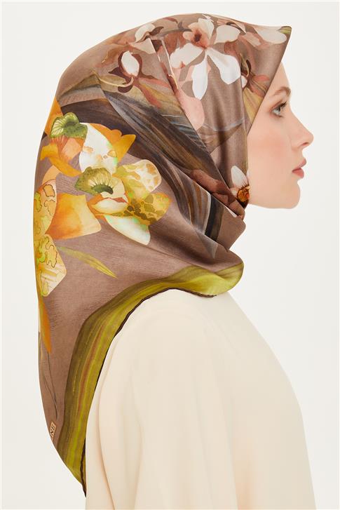Armine Çiçek Desenli Twill Saf İpek Eşarp 9215D 34 34