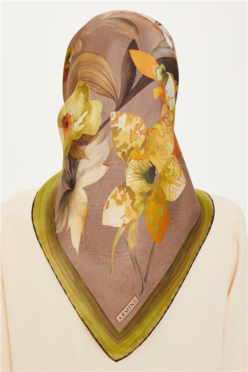 Armine Çiçek Desenli Twill Saf İpek Eşarp 9215D 34 34