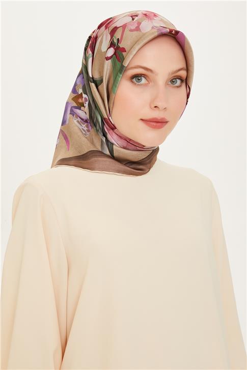 Armine Çiçek Desenli Twill Saf İpek Eşarp 9215D 34 35