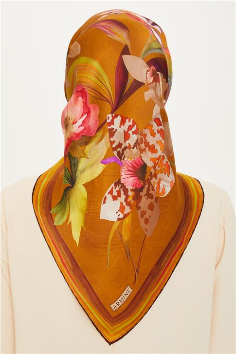 Armine Çiçek Desenli Twill Saf İpek Eşarp 9215D 34 50