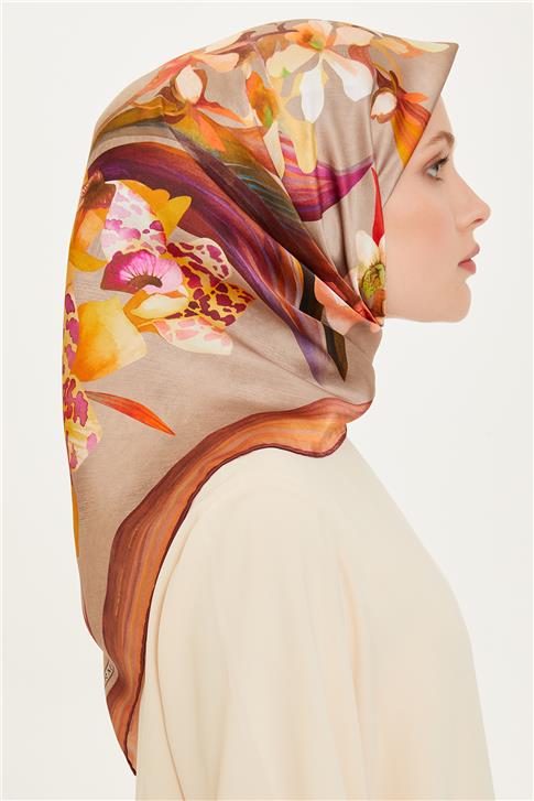Armine Çiçek Desenli Twill Saf İpek Eşarp 9215D 34 81