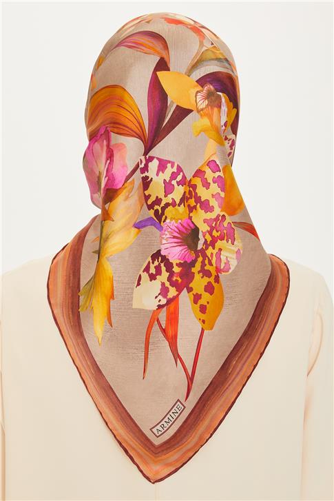 Armine Çiçek Desenli Twill Saf İpek Eşarp 9215D 34 81