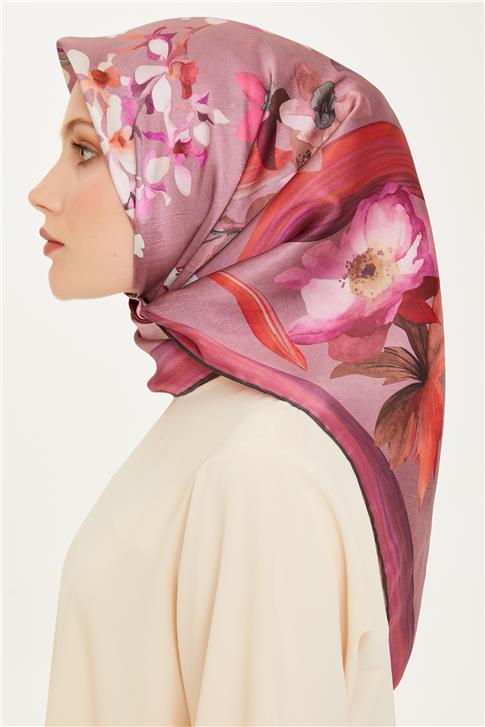 Armine Çiçek Desenli Twill Saf İpek Eşarp 9215D 34 82