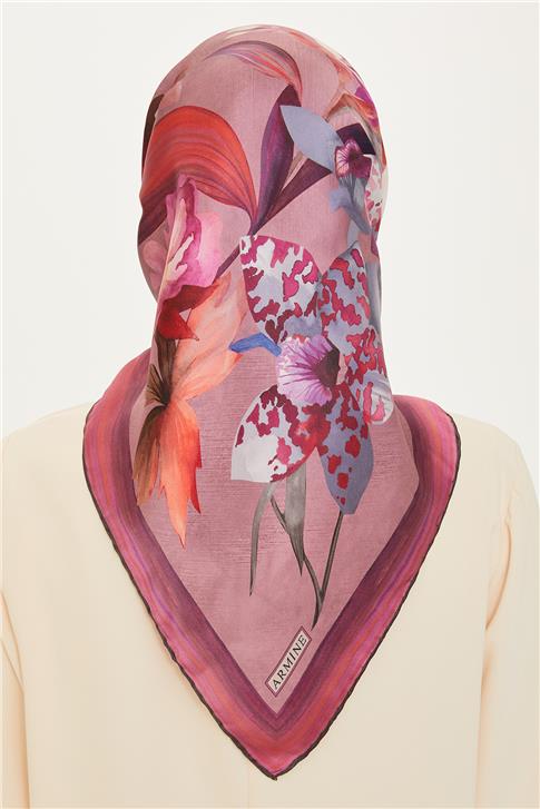 Armine Çiçek Desenli Twill Saf İpek Eşarp 9215D 34 82