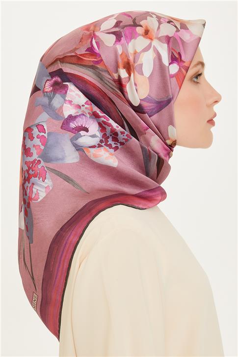 Armine Çiçek Desenli Twill Saf İpek Eşarp 9215D 34 82