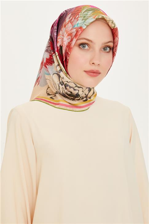 Armine Çiçek Desenli Twill Saf İpek Eşarp 9220D 35
